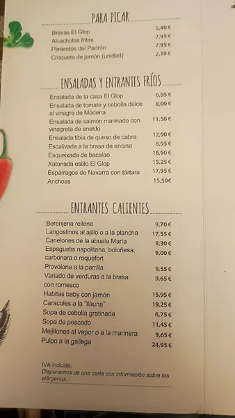 menu 0 of Taberna El Glop