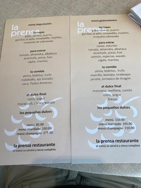 menu 1 of Restaurante La Prensa