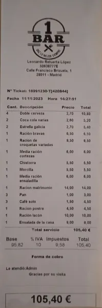 menu 1 of Bar Cafetería El 1 - Las Mejores Bravas de Madrid -