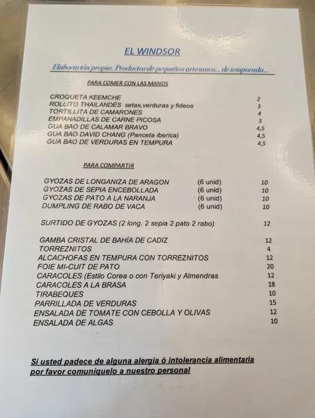 menu 0 of El Windsor