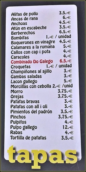 menu 1 of Bar Do Galego