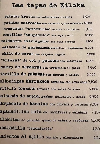 menu 1 of Xiloka BCN Bar Restaurant