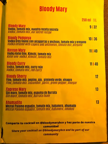 menu 0 of Bloody Mary Cocktail Lounge