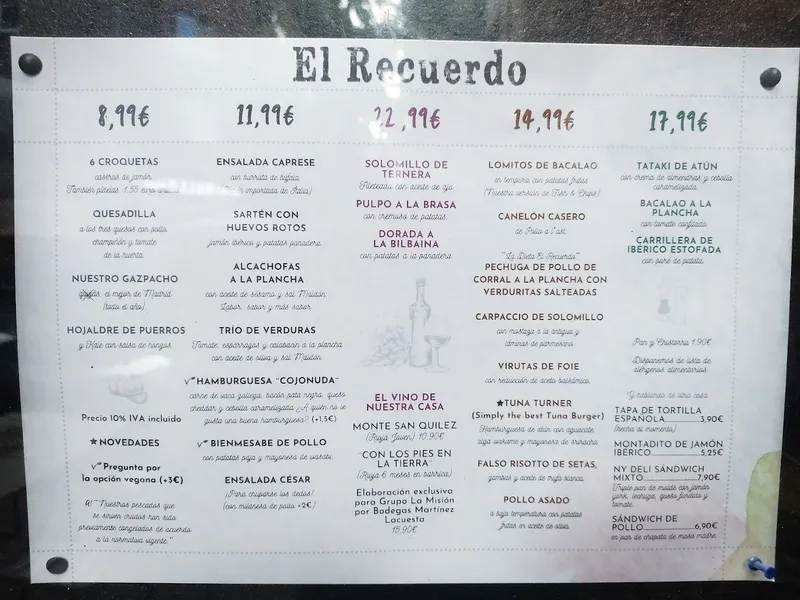 menu 1 of El Recuerdo