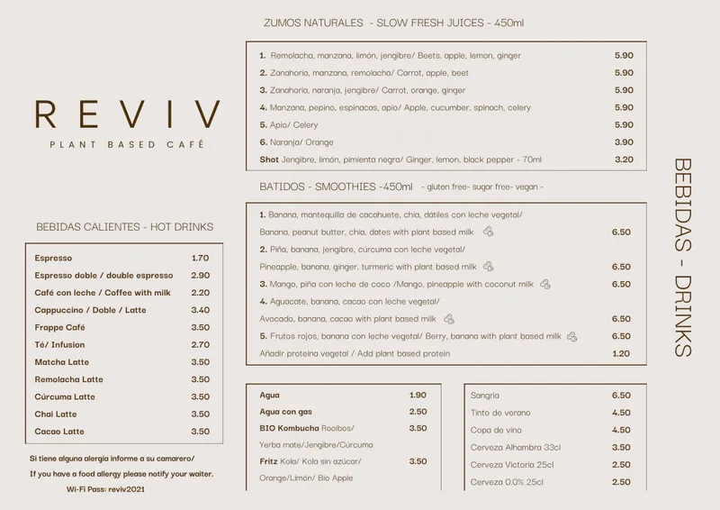menu 1 of REVIV CAFÉ