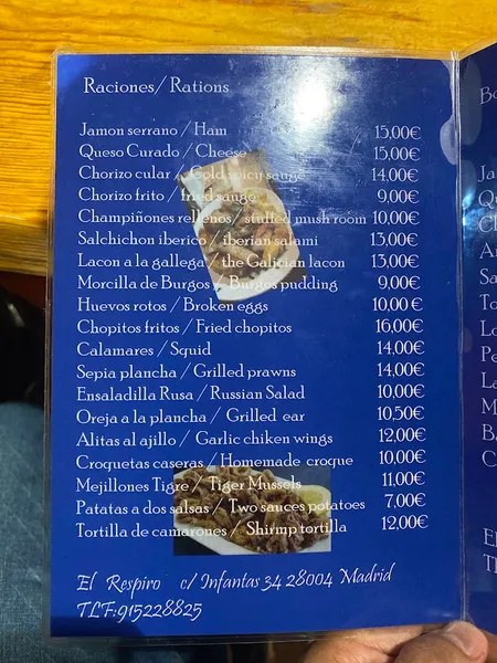 menu 2 of El Respiro