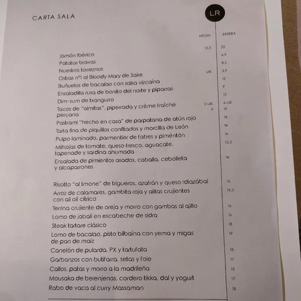 menu 1 of La Raquetista
