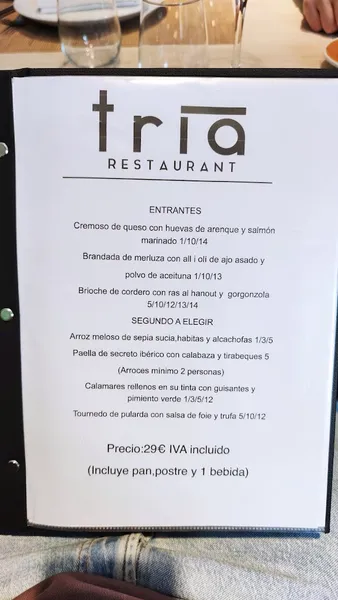 menu 1 of Tria Restaurant