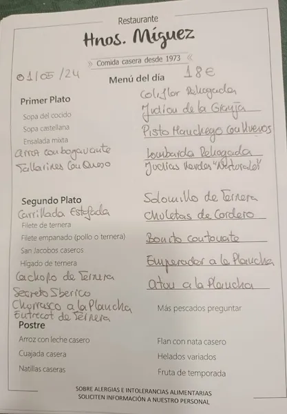 menu 0 of RESTAURANTE HERMANOS MIGUEZ