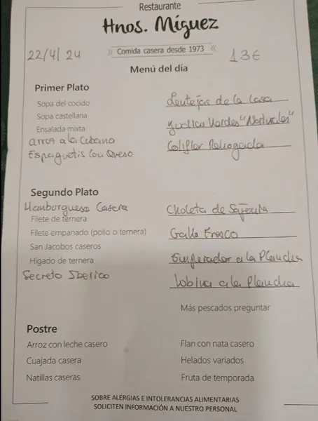 menu 1 of RESTAURANTE HERMANOS MIGUEZ