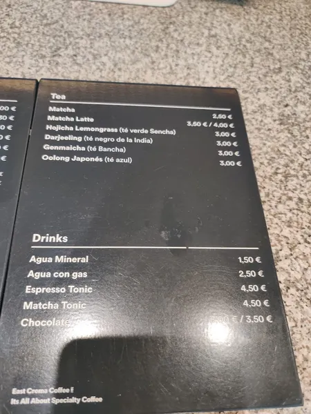 menu 2 of East Crema Coffee Almirante (Specialty Coffee Madrid)