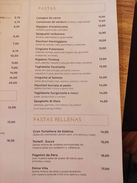menu 1 of La Tarantella