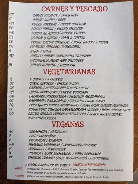 menu 1 of El Viejo Almacen