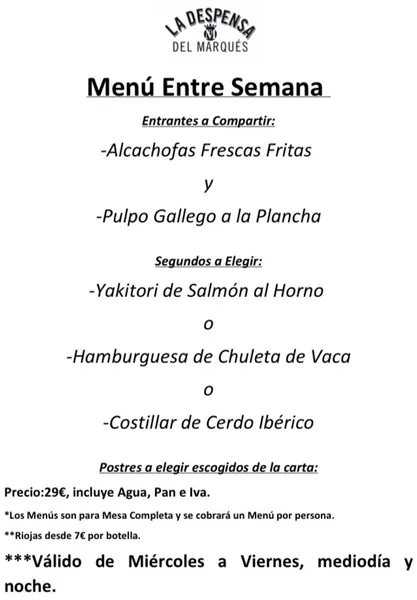menu 1 of Restaurante La Despensa del Marqués