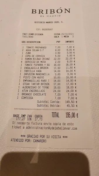 menu 1 of Restaurante Bribón de Madrid