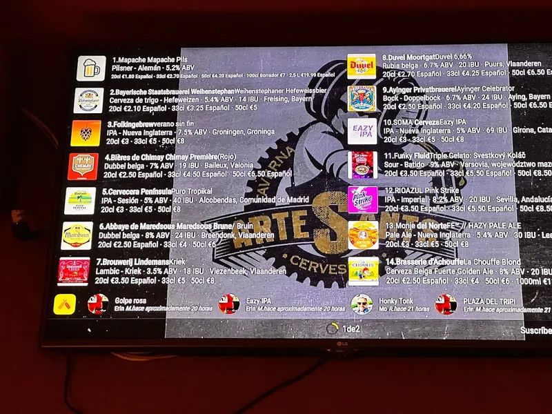 menu 1 of Craft Beer ArteSants