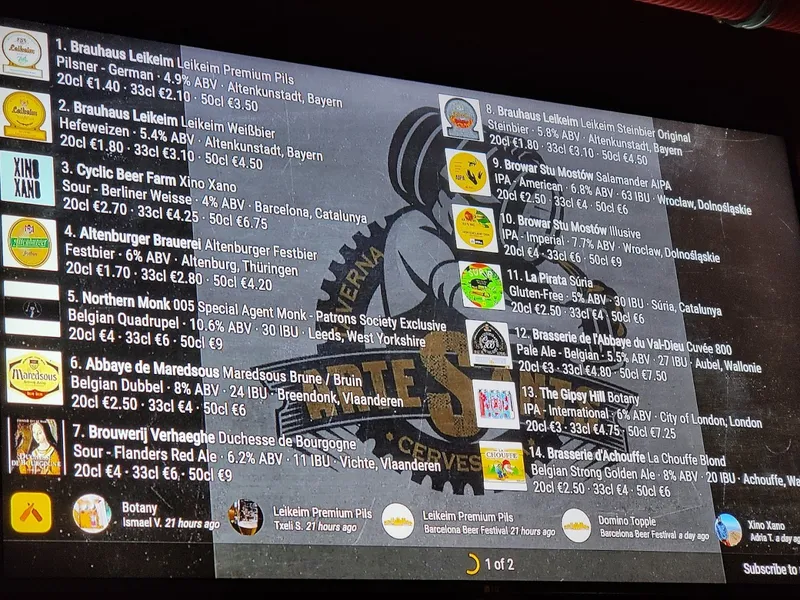 menu 2 of Craft Beer ArteSants