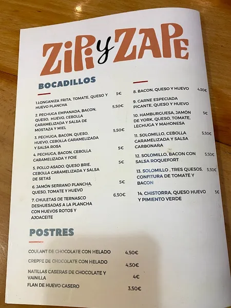menu 2 of Bar Zipi Zape
