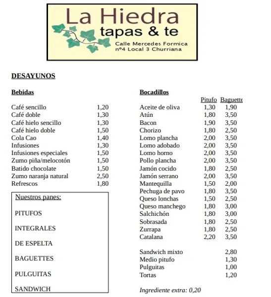 menu 0 of Tapas y Té La Hiedra