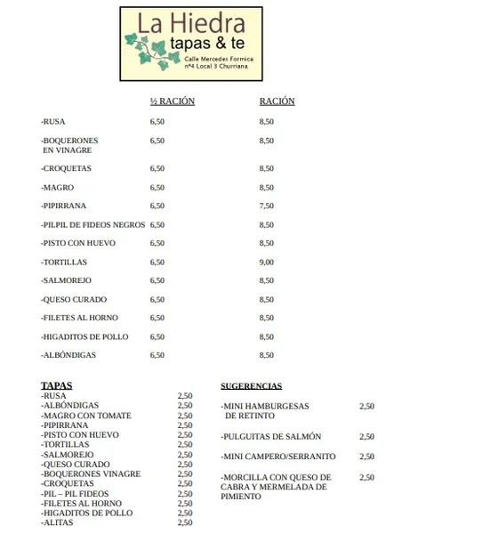 menu 1 of Tapas y Té La Hiedra