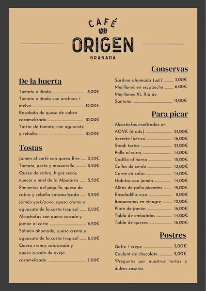 menu 0 of Café Origen