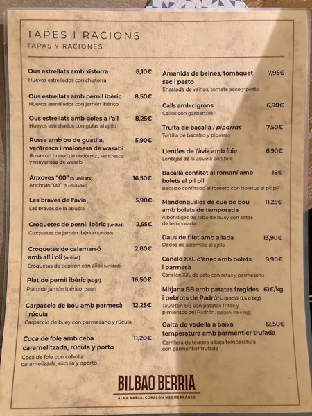 menu 1 of Bilbao Berria Barcelona