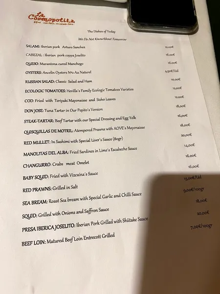 menu 0 of La Cosmopolita Malagueña | Dani Carnero | Restaurant in Malaga