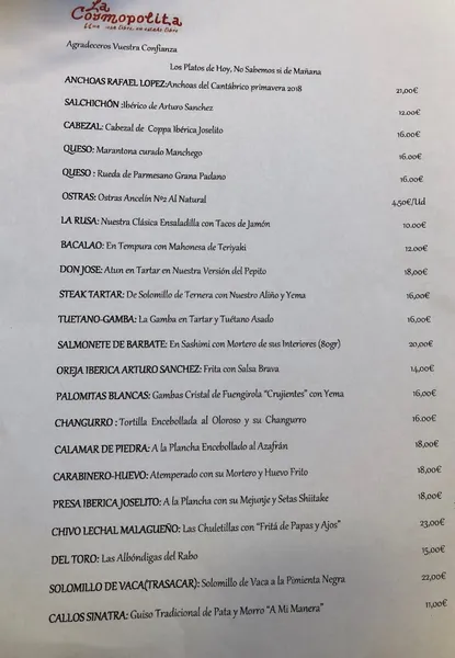 menu 1 of La Cosmopolita Malagueña | Dani Carnero | Restaurant in Malaga