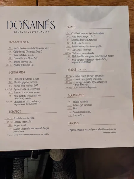 menu 0 of Doña Inés - Romance Gastronómico