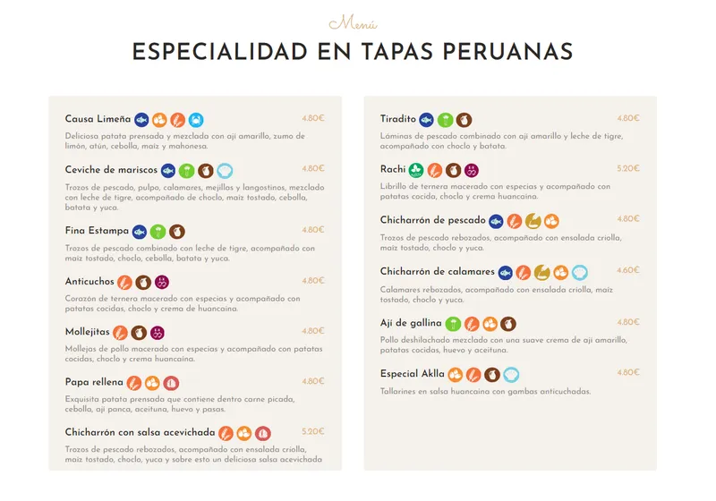menu 0 of Aklla - Tapas Peruanas