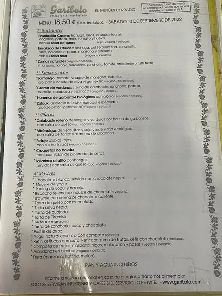 menu 1 of Restaurante Garibolo - Restaurante Vegetariano en Bilbao