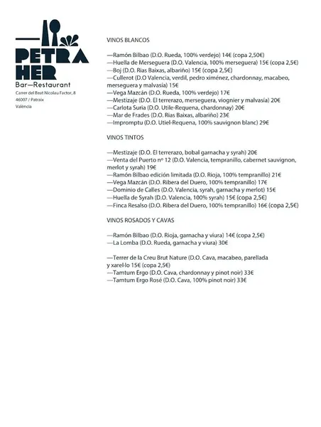 menu 1 of Petraher restaurante