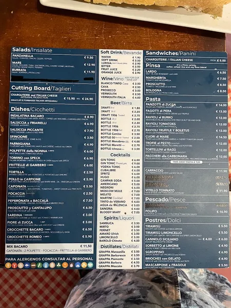 menu 2 of Bacaro
