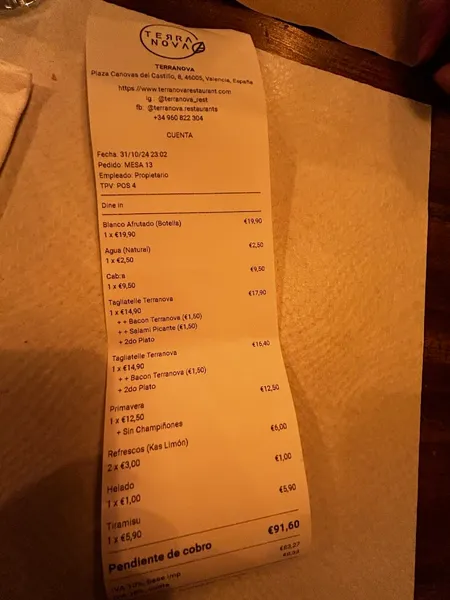 menu 1 of Terranova | Restaurante italiano Valencia