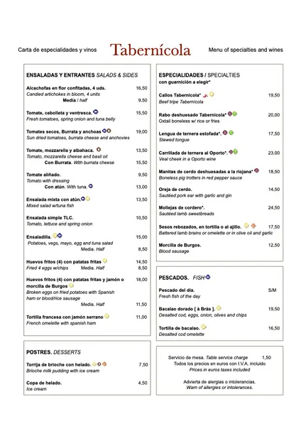 menu 0 of Tabernícola
