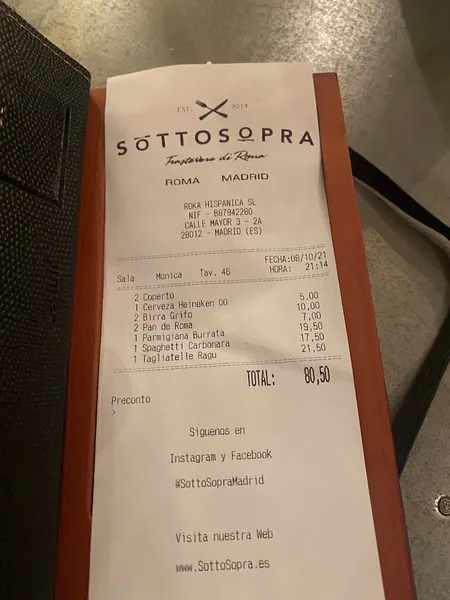 menu 2 of Restaurante SottoSopra Madrid