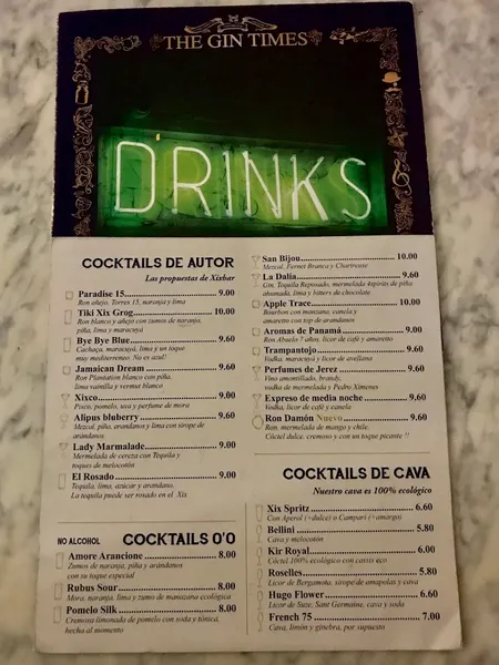 menu 2 of Xixbar Gins & Cocktails