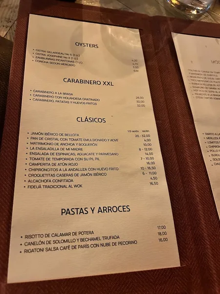 menu 2 of Barbillón Oyster