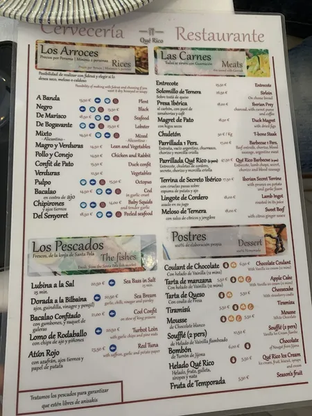 menu 2 of Qué Rico Restaurante Playa de San Juan