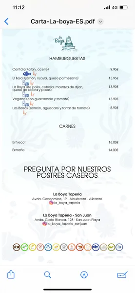 menu 2 of Tapería La Boya Playa de San Juan | Cocina Mediterránea