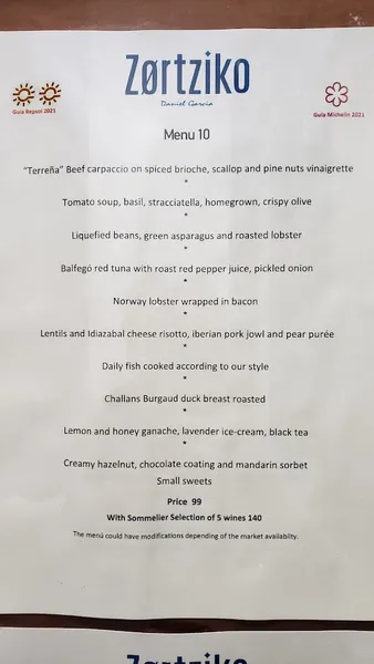 menu 2 of Restaurante Zortziko