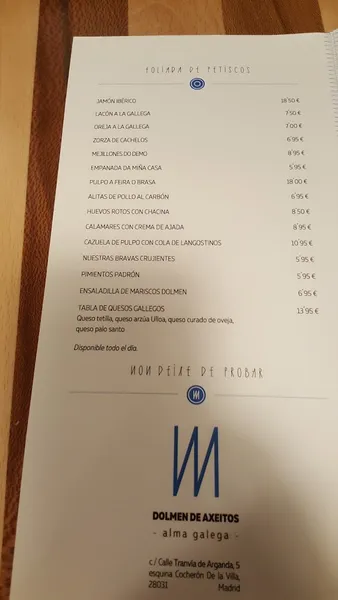 menu 2 of Restaurante Dolmen de Axeitos