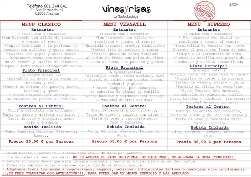 menu 1 of Restaurantes Alicante Vinos y Risas "La Gastrobodega"