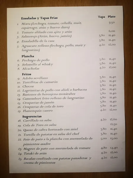 menu 1 of Bar Postiguillo Tapas