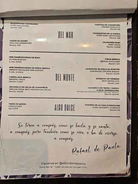 menu 2 of Taberna El Bordón Marbella
