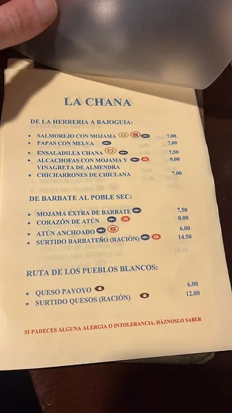 menu 1 of La Chana