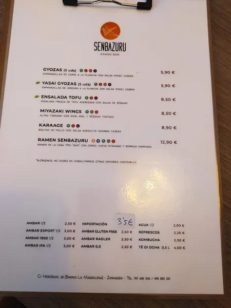 menu 2 of SENBAZURU RAMEN BAR