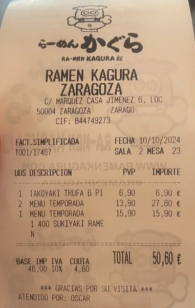 menu 1 of RAMEN KAGURA ZARAGOZA