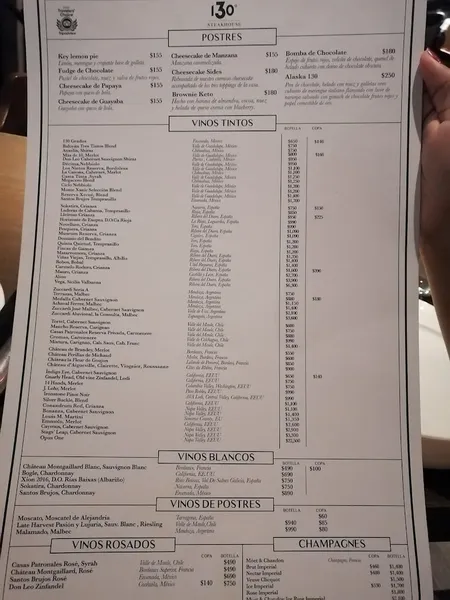 menu 0 of 130 Grados Steakhouse Mérida