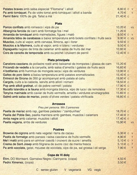 menu 0 of El Sortidor, de la Filomena Pagès